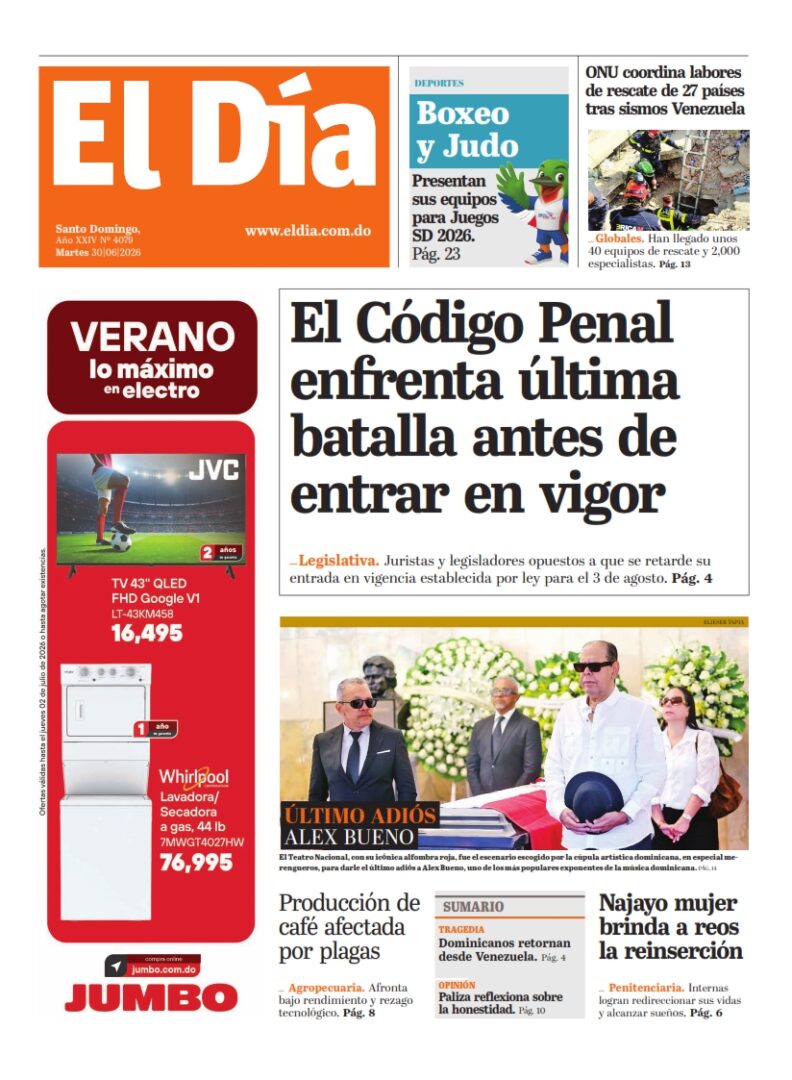 Portada Periódico El Día, Martes 30, Junio 2026