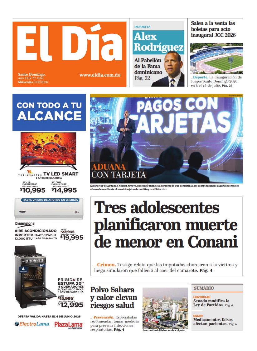Portada Periódico El Día, Miércoles 3, Junio 2026