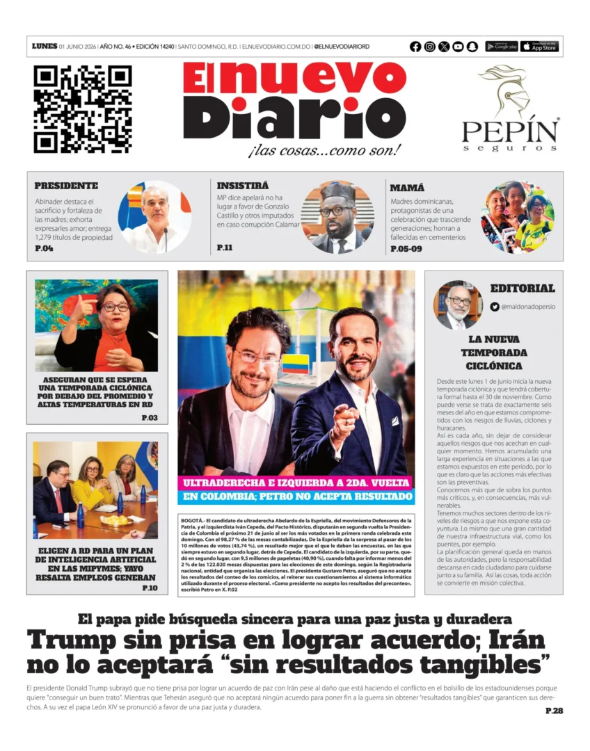Portada Periódico El Nuevo Diario, Lunes 1, Junio 2026