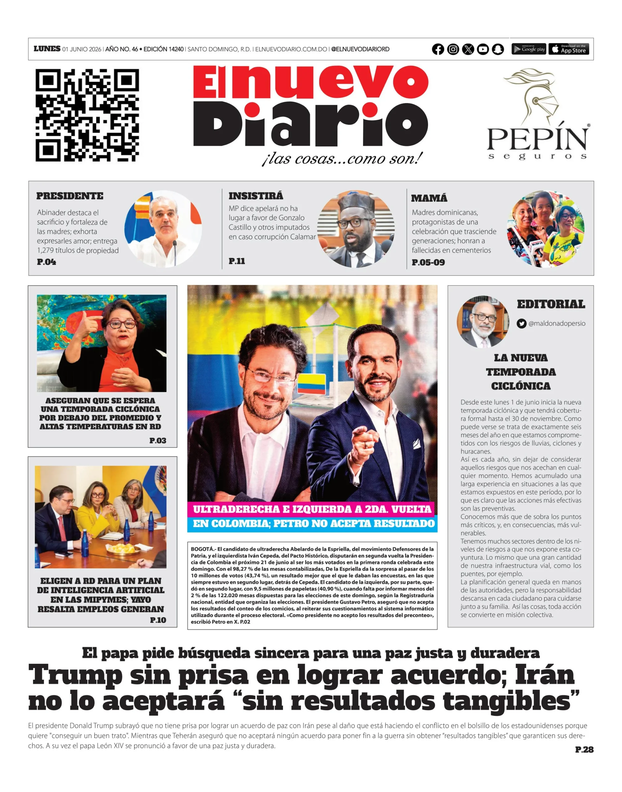 Portada Periódico El Nuevo Diario, Lunes 1, Junio 2026