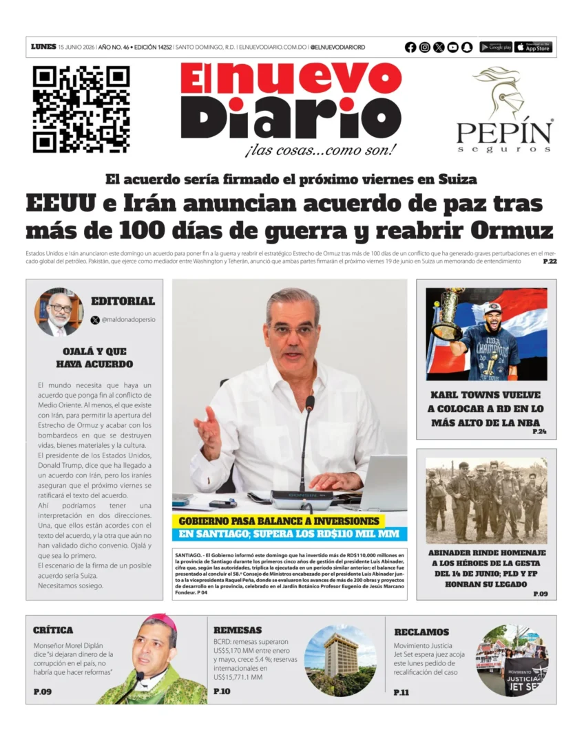 Portada Periodico El Nuevo Diario Lunes 15 Junio 2026