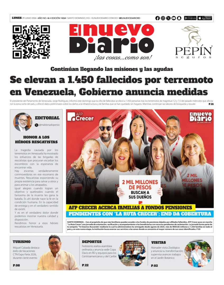 Portada Periódico El Nuevo Diario, Lunes 29, Junio 2026