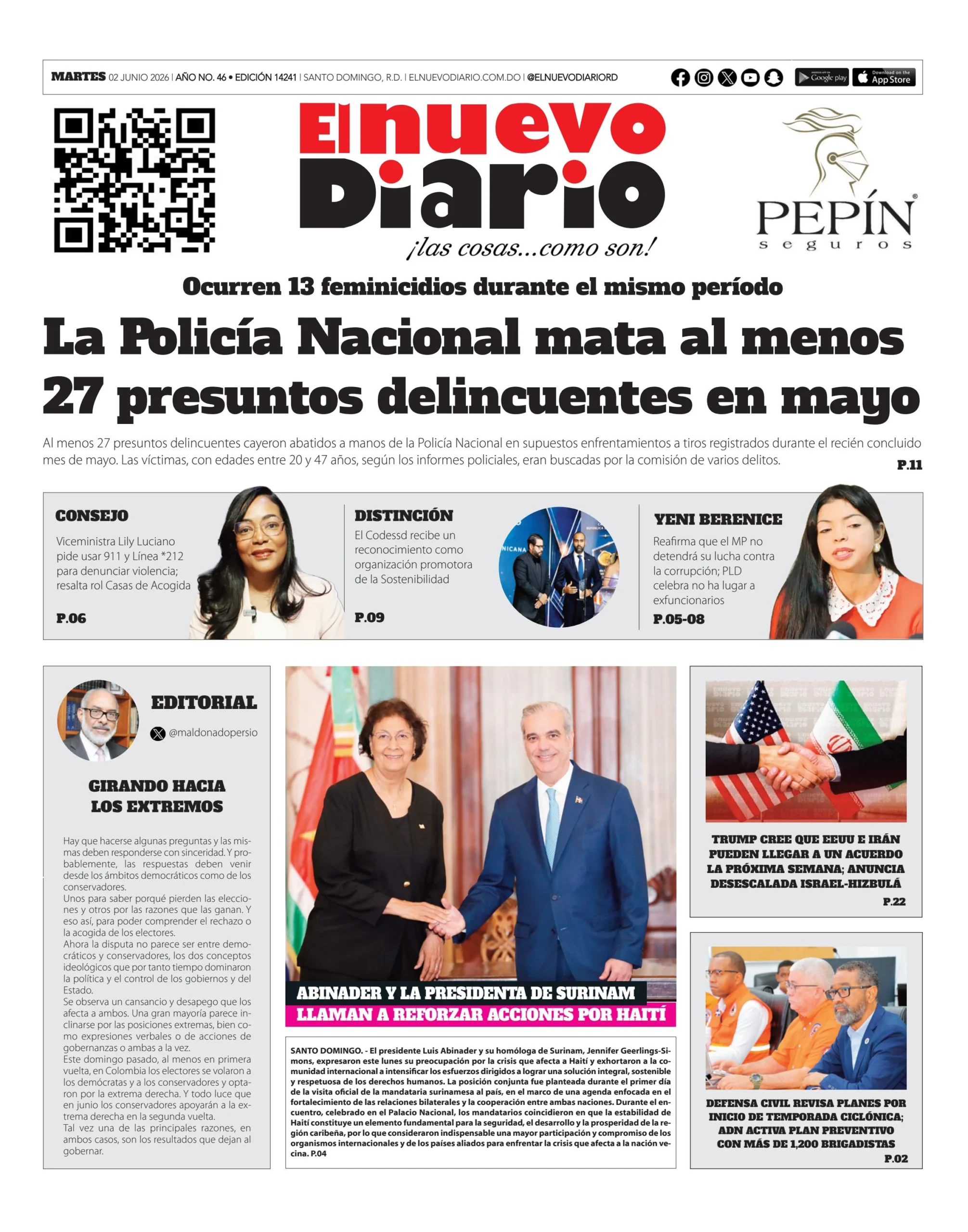 Portada Periódico El Nuevo Diario, Martes 2, Junio 2026