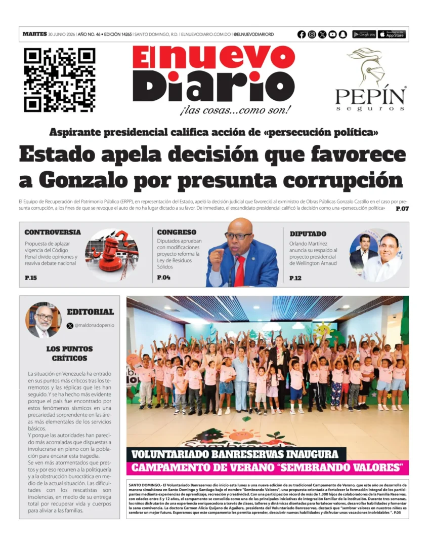Portada Periódico El Nuevo Diario, Martes 30, Junio 2026