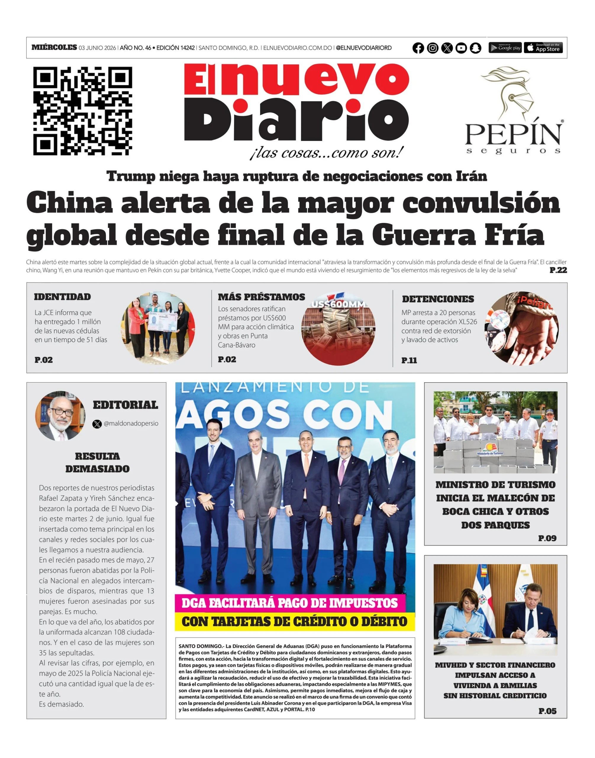 Portada Periódico El Nuevo Diario, Miércoles 3, Junio 2026