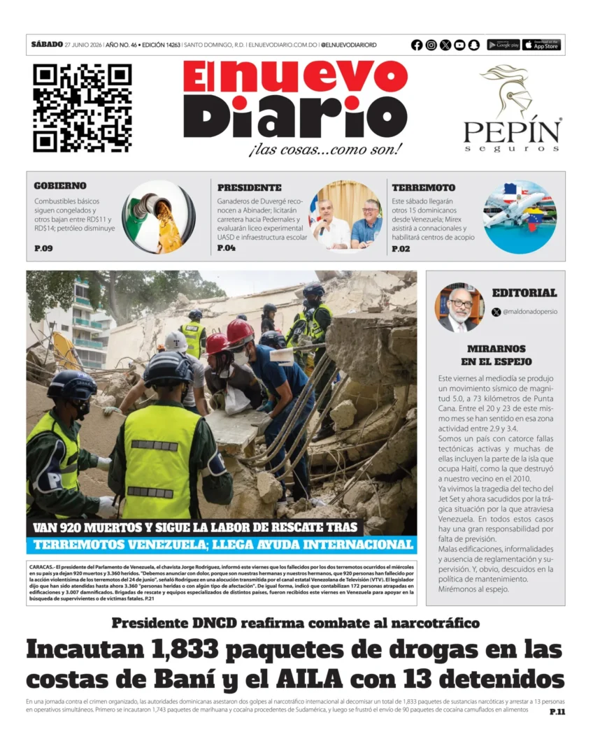 Portada Periódico El Nuevo Diario, Sábado 27, Junio 2026