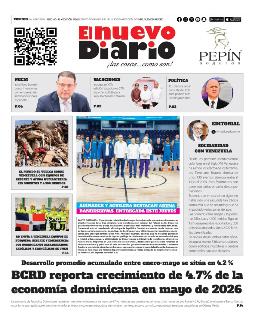 Portada Periódico El Nuevo Diario Viernes 26 Junio 2026