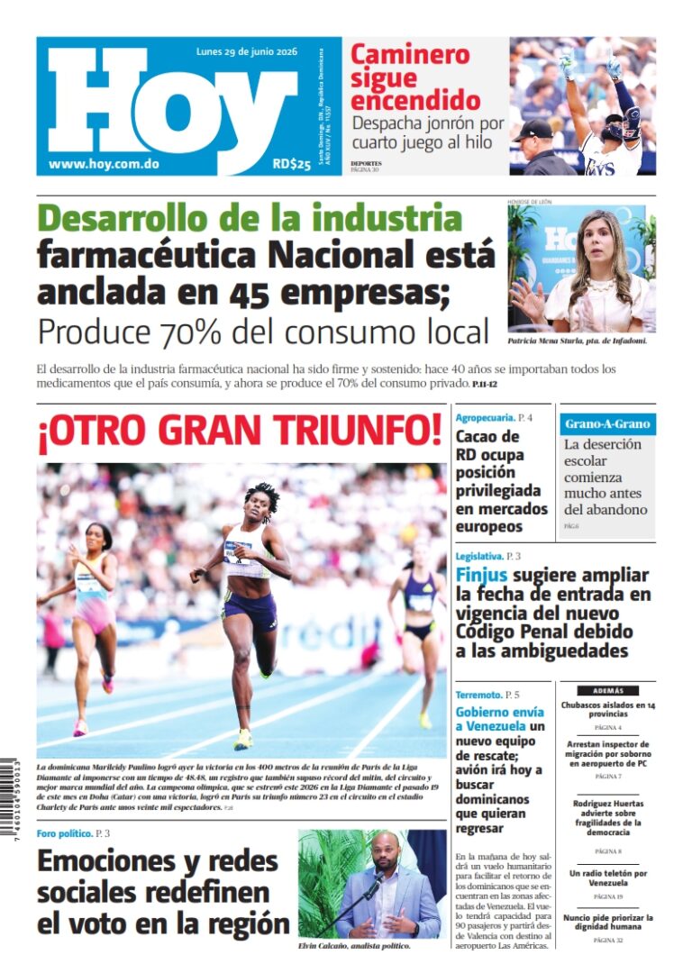 Portada Periódico Hoy, Lunes 29, Junio 2026