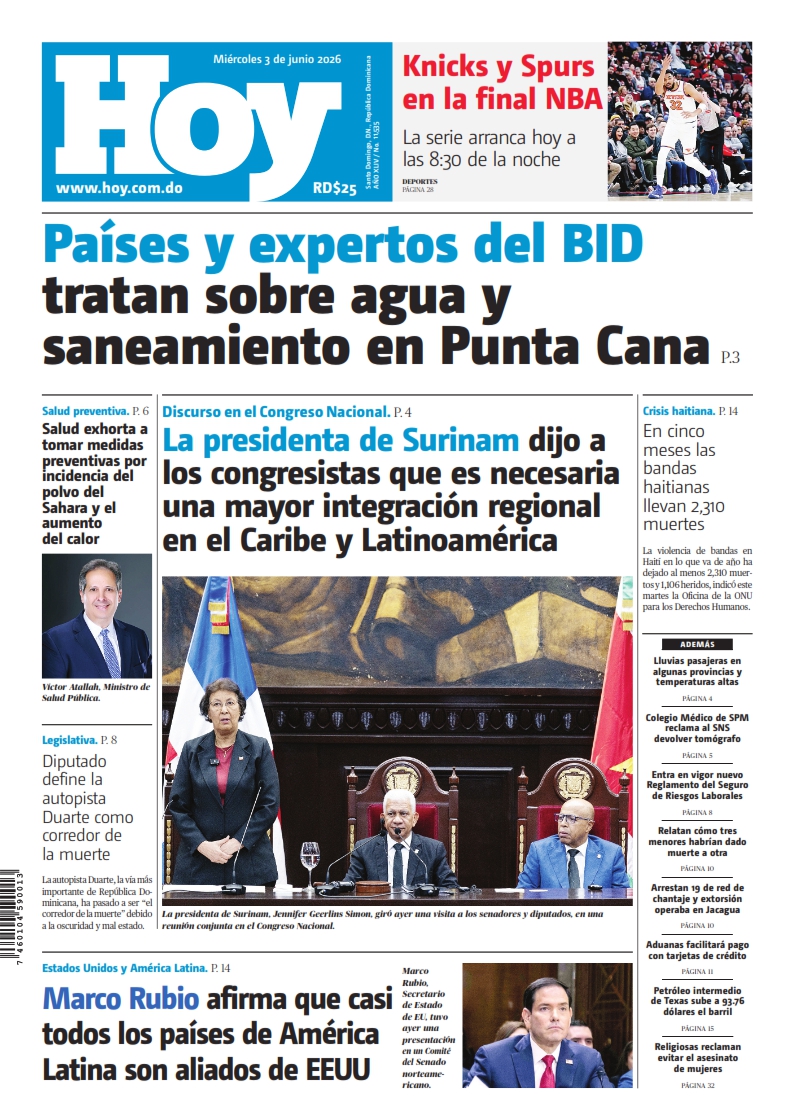 Portada Periódico Hoy, Miércoles 3, Junio 2026