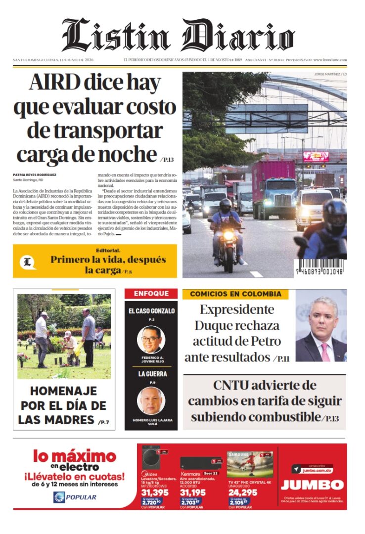 Portada Periódico Listín Diario, Lunes 1, Junio 2026