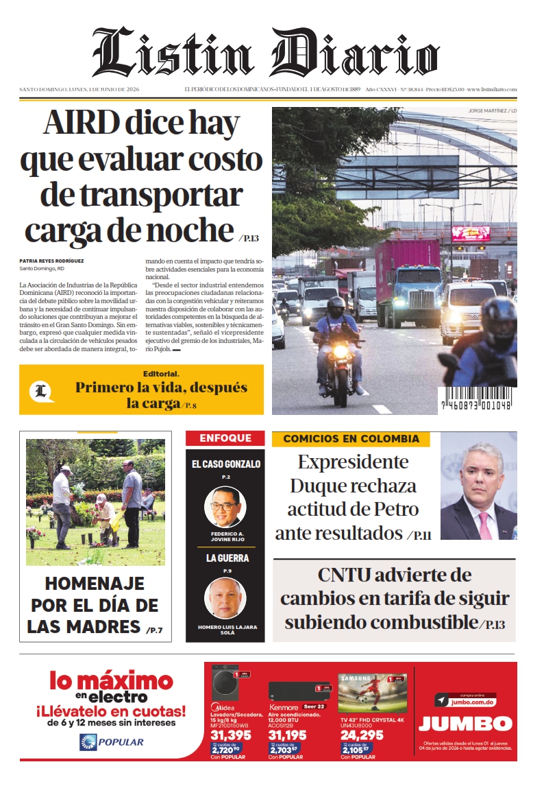 Portada Periódico Listín Diario, Lunes 1, Junio 2026