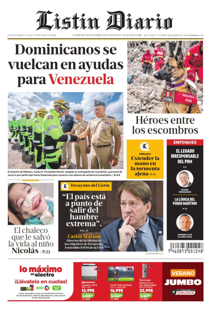 Portada Periódico Listín Diario, Lunes 29, Junio 2026