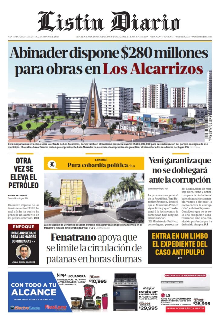 Portada Periódico Listín Diario, Martes 2, Junio 2026
