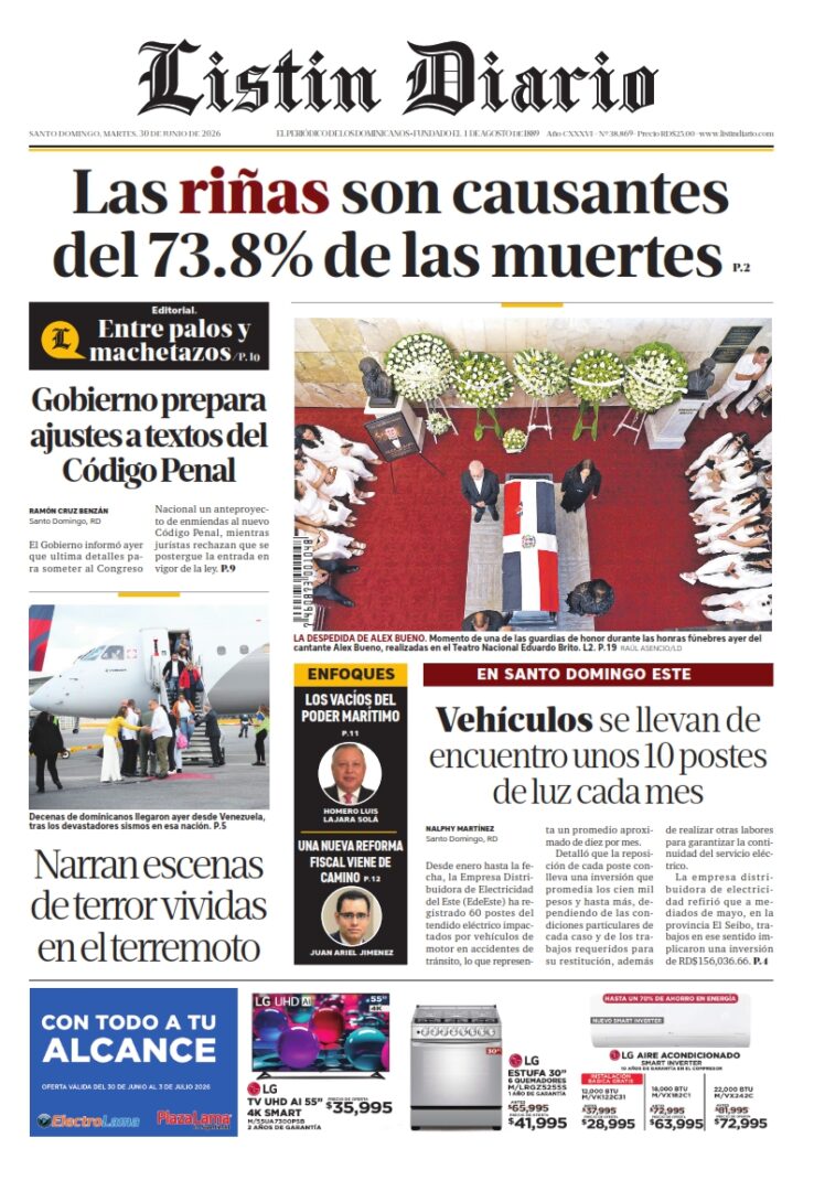 Portada Periódico Listín Diario, Martes 30, Junio 2026