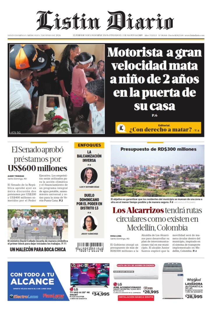 Portada Periódico Listín Diario, Miércoles 3, Junio 2026