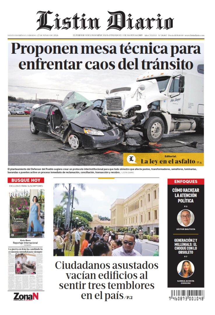Portada Periódico Listín Diario, Sábado 27, Junio 2026