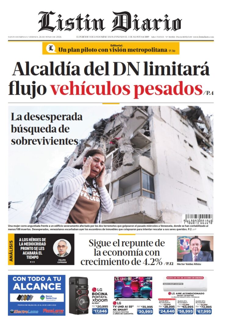 Portada Periódico Listín Diario Viernes 26 Junio 2026