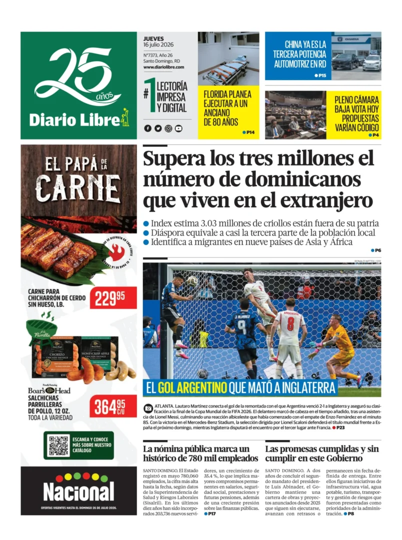 Portada Periódico Diario Libre, Jueves 16, Julio 2026