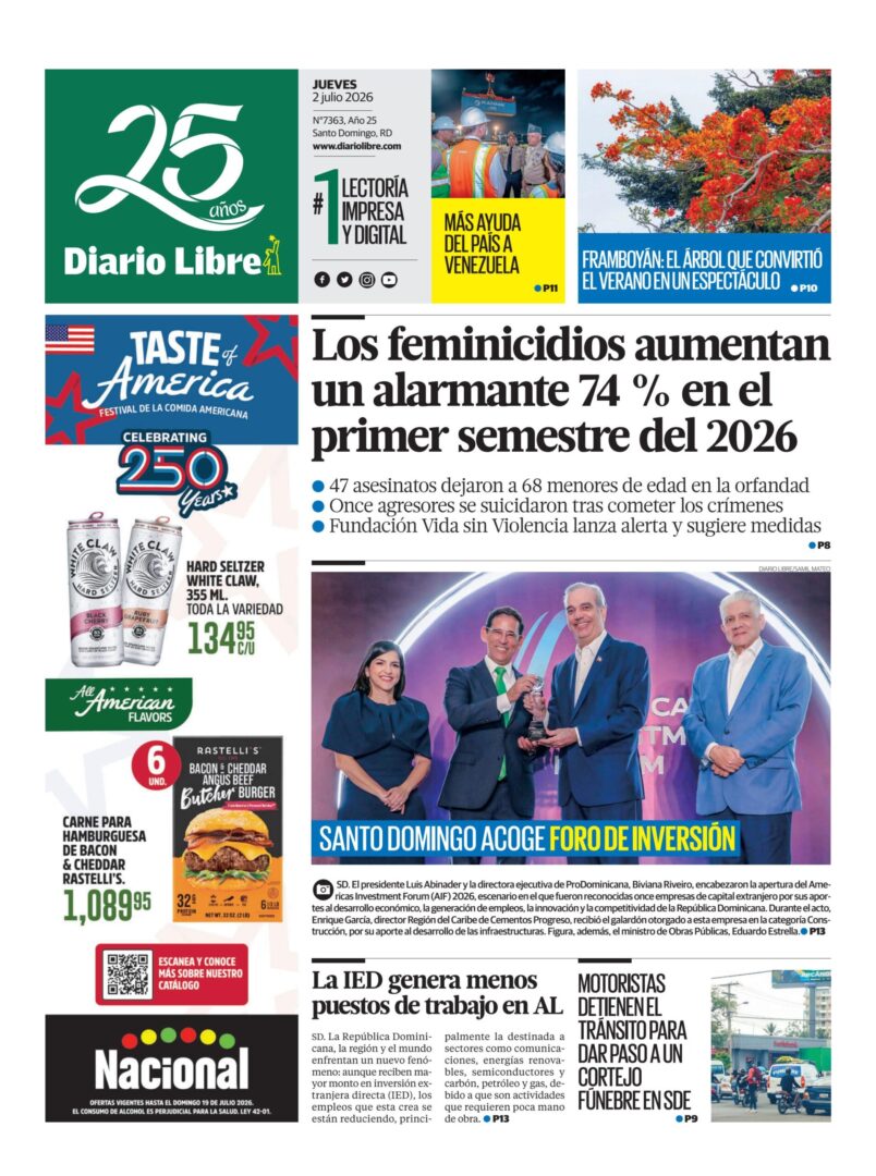 Portada Periódico Diario Libre, Jueves 2, Julio 2026