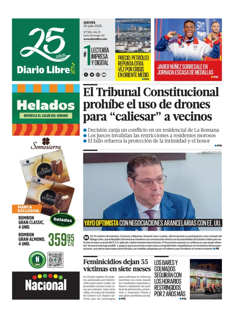 Portada Periódico Diario Libre, Jueves 30, Julio 2026
