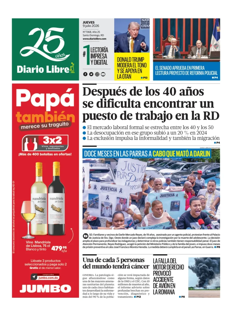 Portada Periódico Diario Libre, Jueves 9, Julio 2026