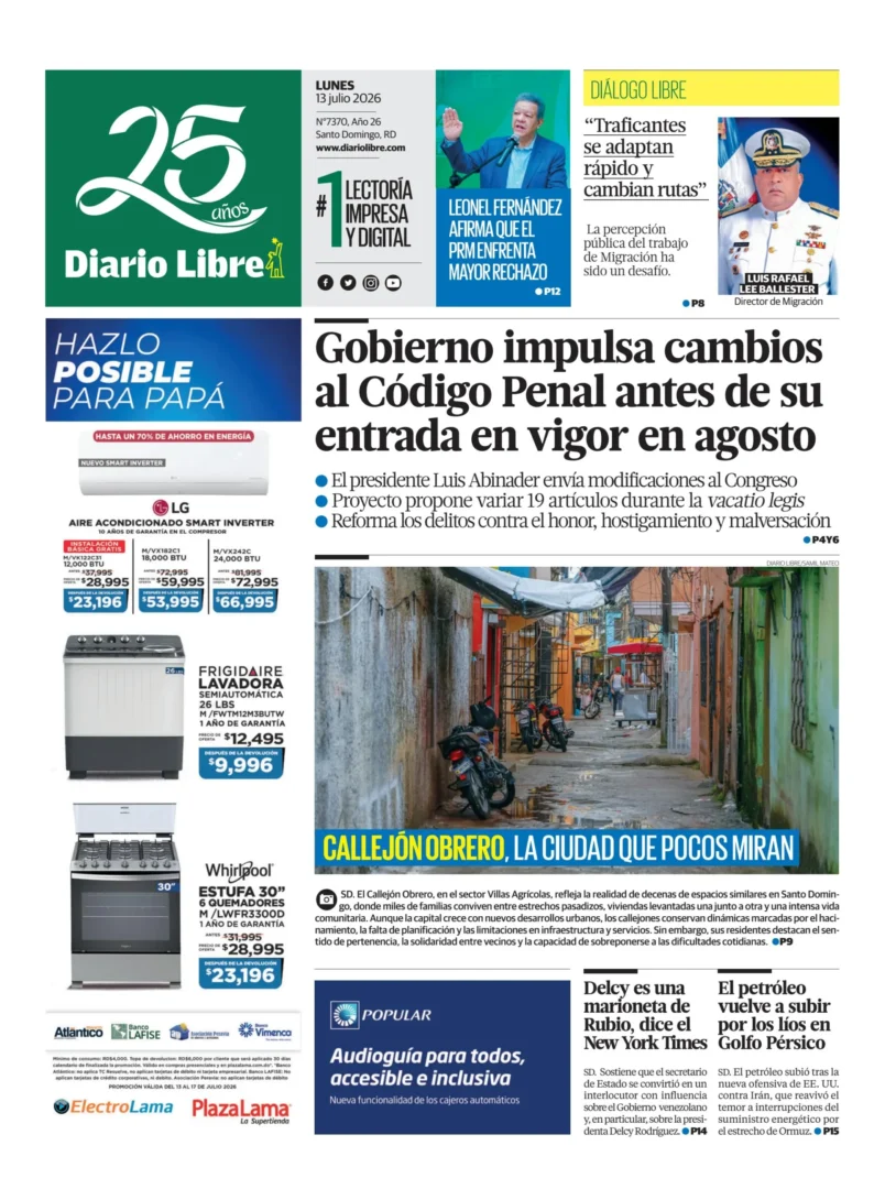 Portada Periódico Diario Libre, Lunes 13, Julio 2026