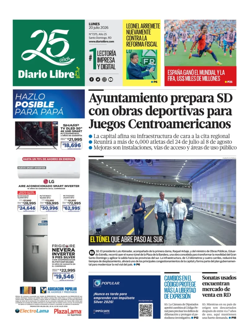 Portada Periódico Diario Libre, Lunes 20, Julio 2026