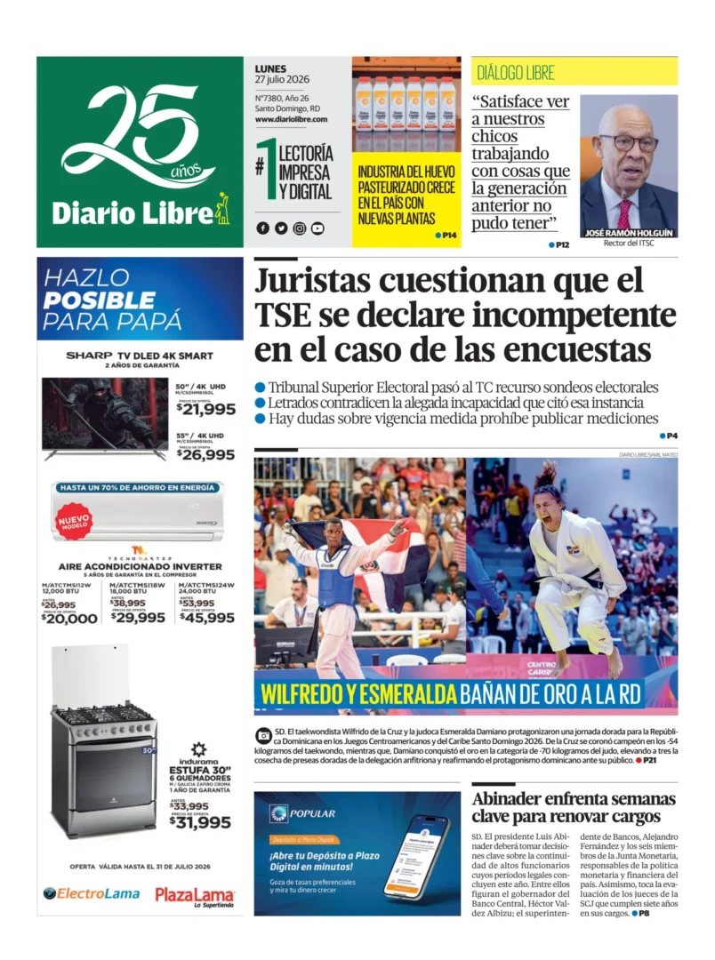 Portada Periódico Diario Libre, Lunes 27, Julio 2026