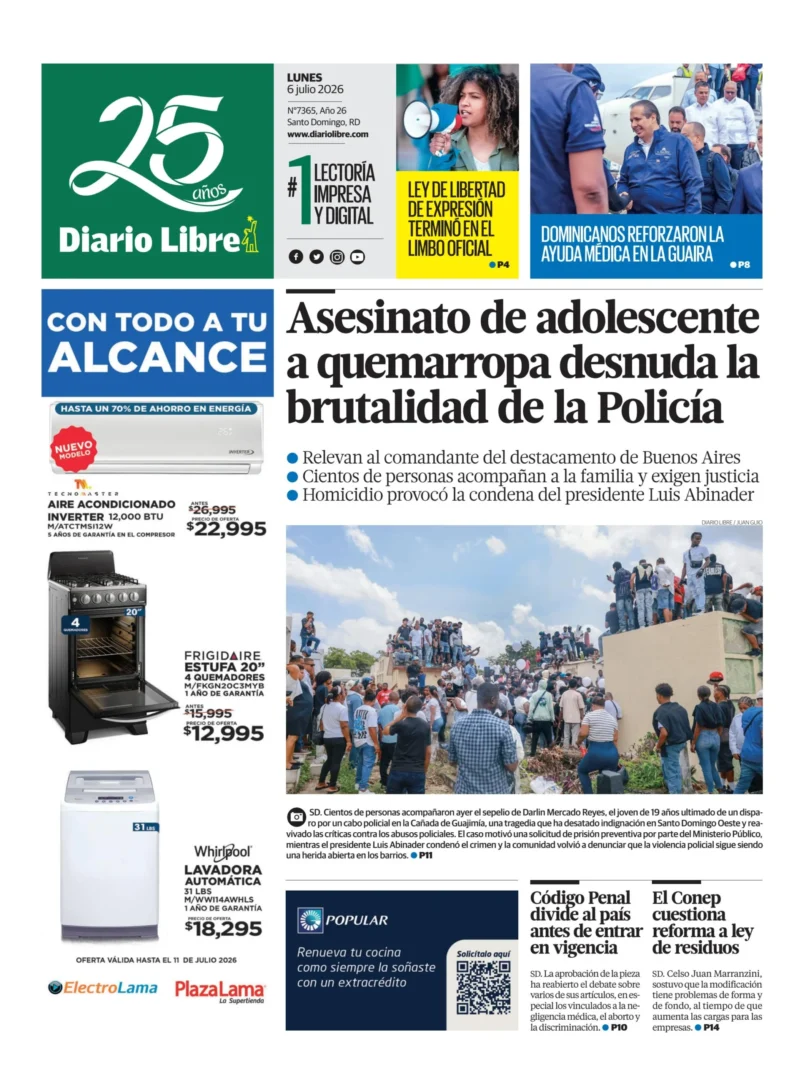 Portada Periódico Diario Libre, Lunes 6, Julio 2026