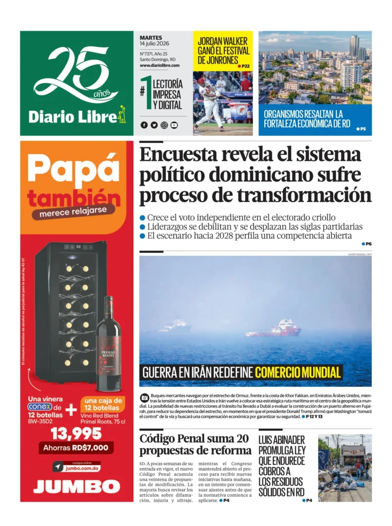 Portada Periódico Diario Libre, Martes 14, Julio 2026
