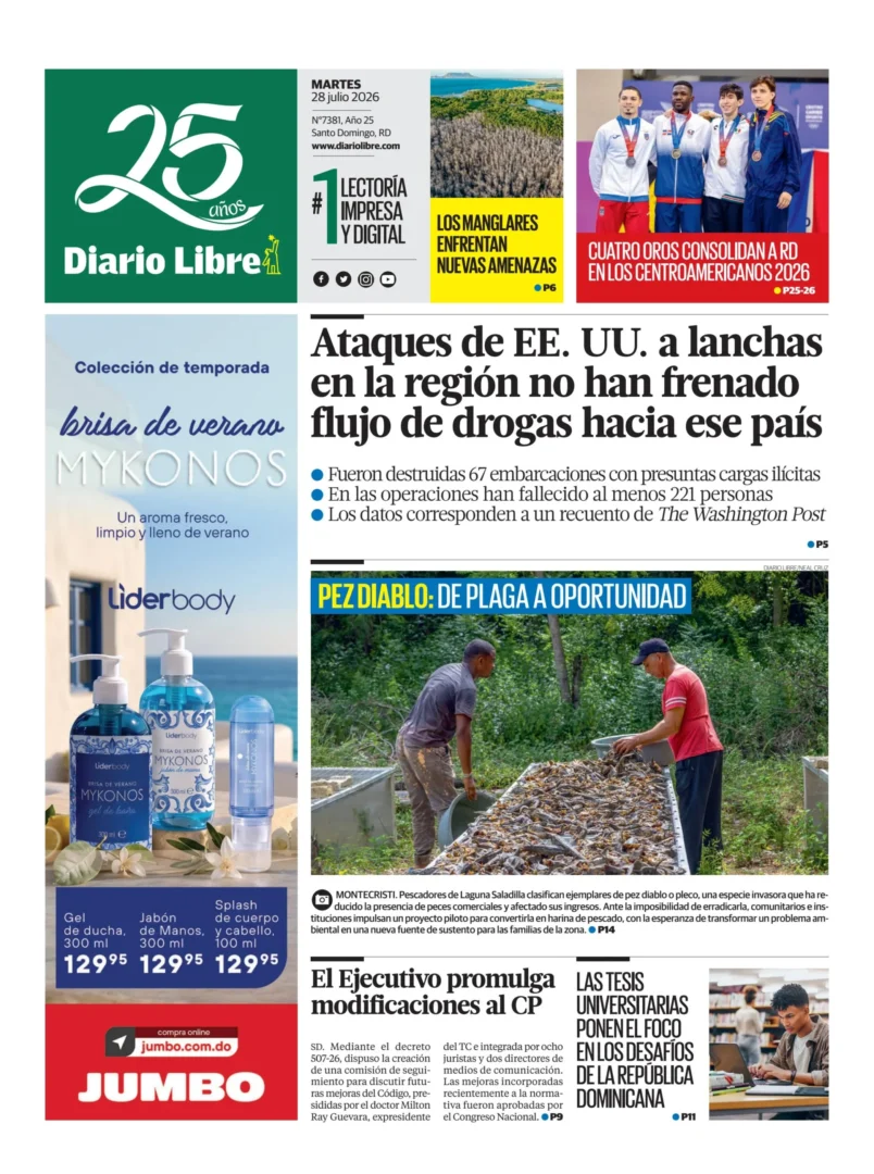 Portada Periódico Diario Libre, Martes 28, Julio 2026