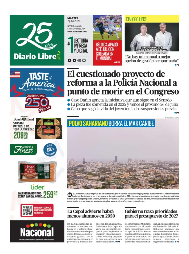 Portada Periódico Diario Libre, Martes 7, Julio 2026