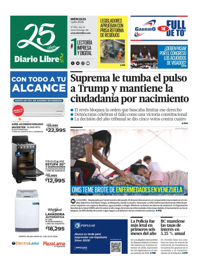 Portada Periódico Diario Libre, Miércoles 1, Julio 2026