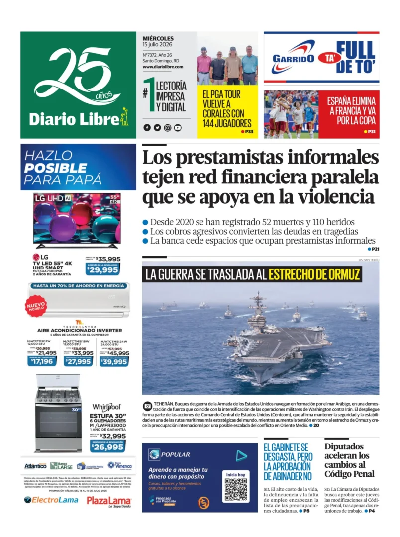 Portada Periódico Diario Libre, Miércoles 15, Julio 2026