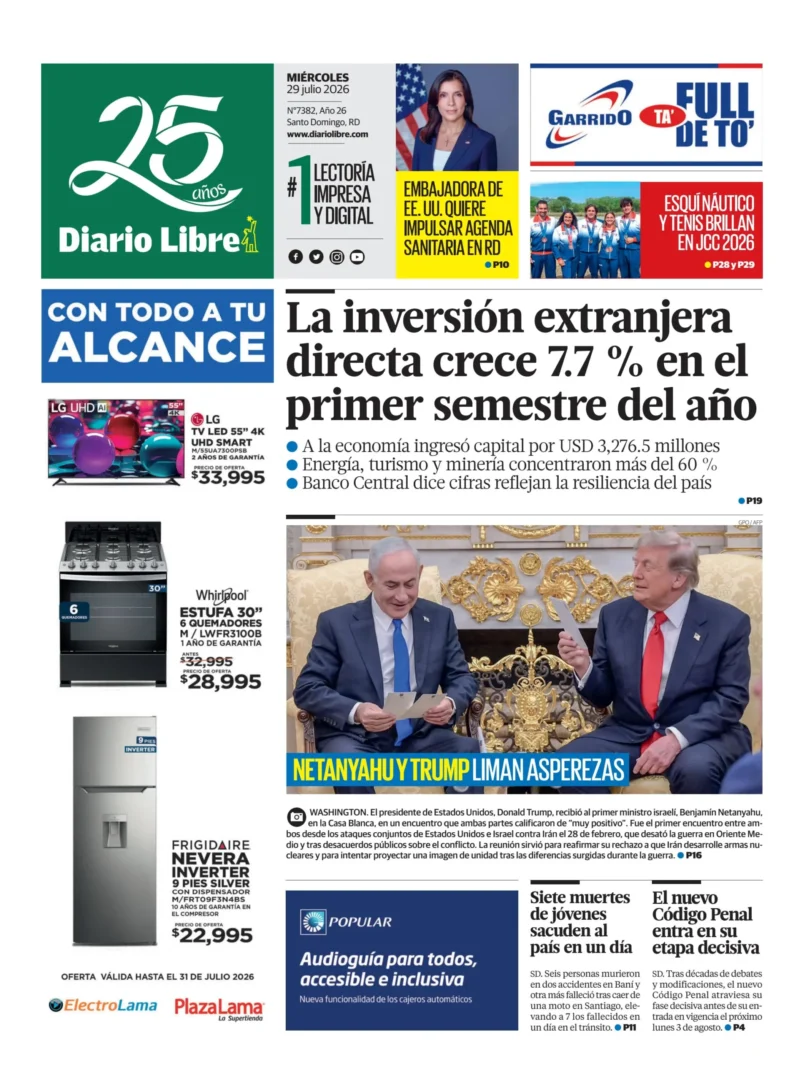 Portada Periódico Diario Libre, Miércoles 29, Julio 2026
