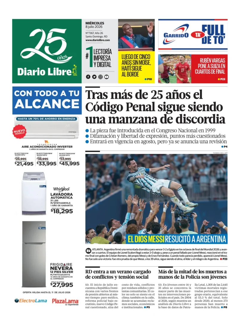 Portada Periódico Diario Libre, Miércoles 8, Julio 2026