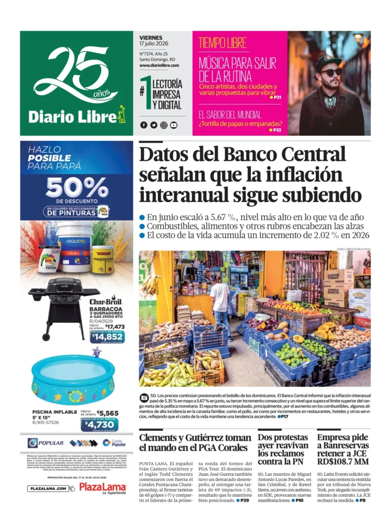 Portada Periódico Diario Libre, Sábado 18, Julio 2026