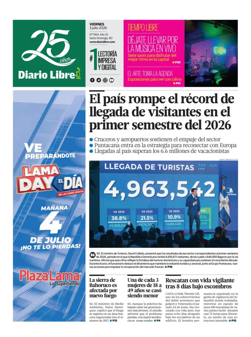 Portada Periódico Diario Libre, Sábado 4, Julio 2026
