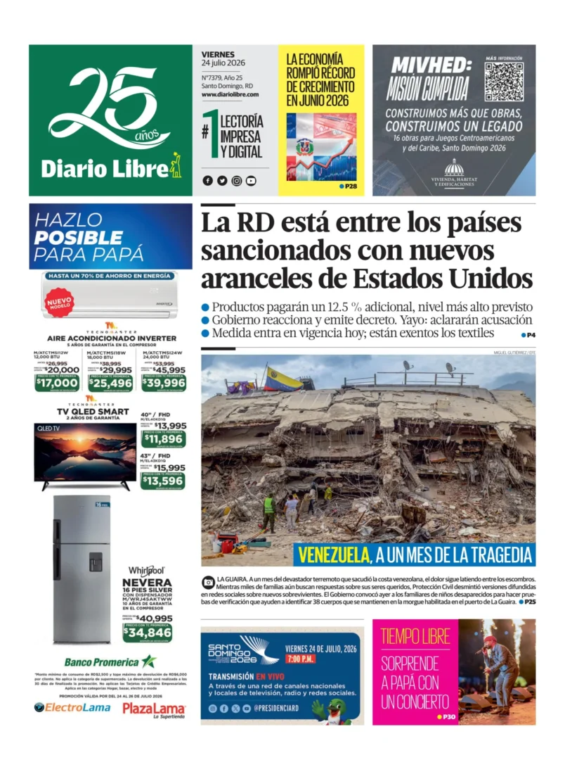 Portada Periódico Diario Libre, Viernes 24, Julio 2026