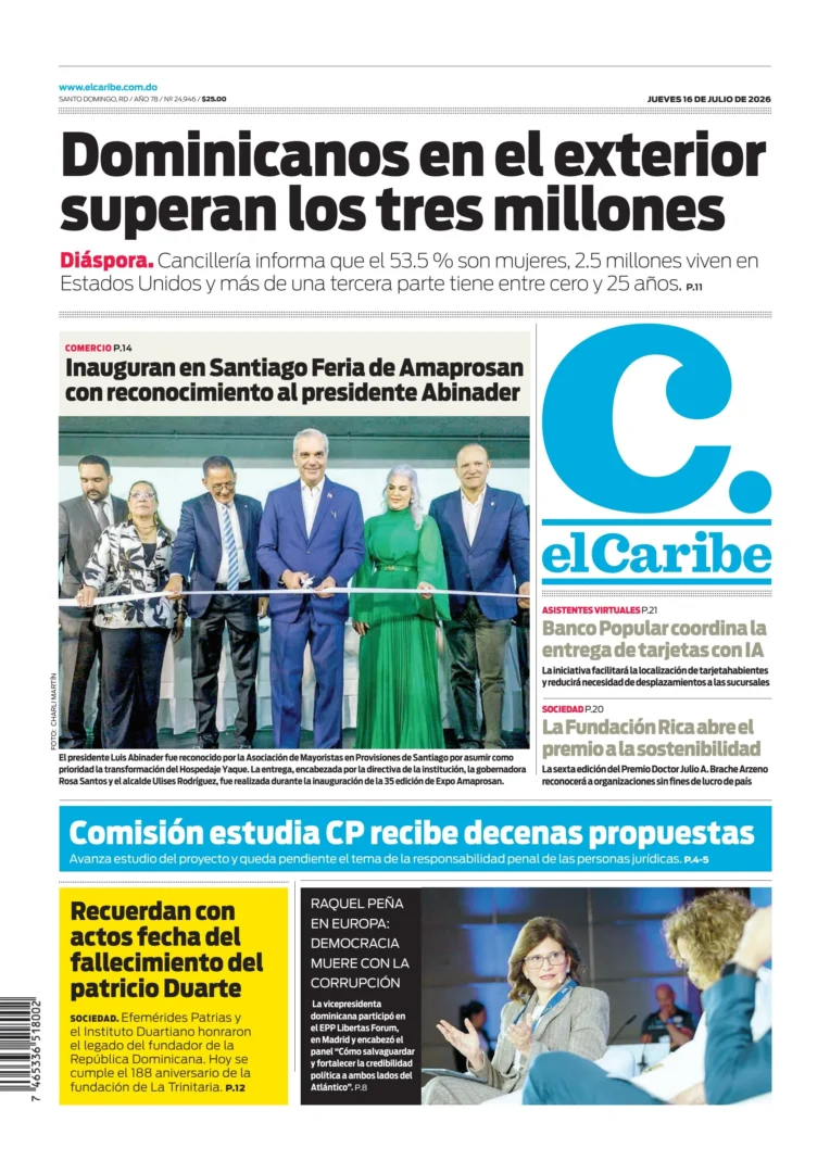 Portada Periódico El Caribe, Jueves 16, Julio 2026