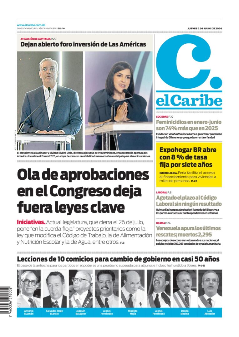 Portada Periódico El Caribe, Jueves 2, Julio 2026