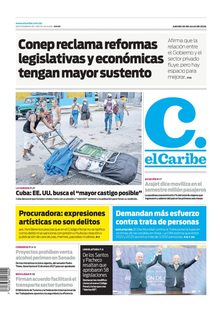 Portada Periódico El Caribe, Jueves 30, Julio 2026