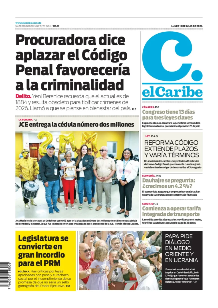 Portada Periódico El Caribe, Lunes 13, Julio 2026