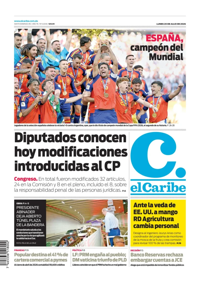 Portada Periódico El Caribe, Lunes 20, Julio 2026