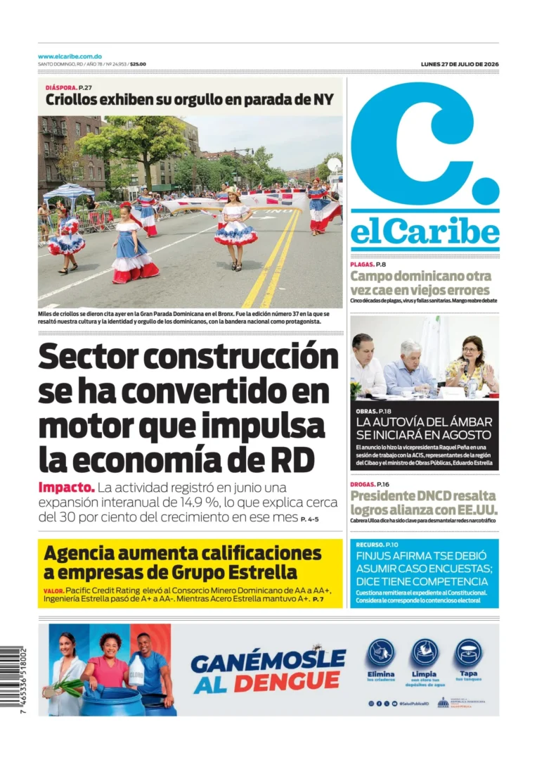 Portada Periódico El Caribe, Lunes 27, Julio 2026