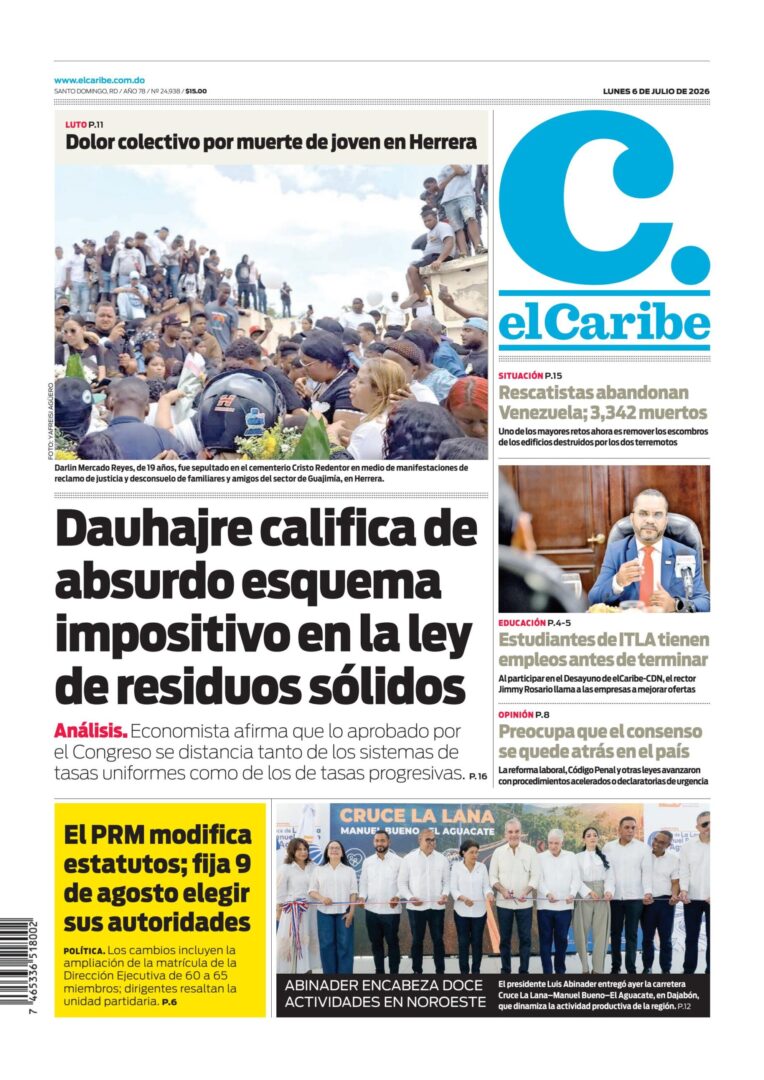 Portada Periódico El Caribe, Lunes 6, Julio 2026