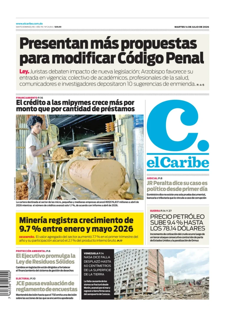 Portada Periódico El Caribe, Martes 14, Julio 2026