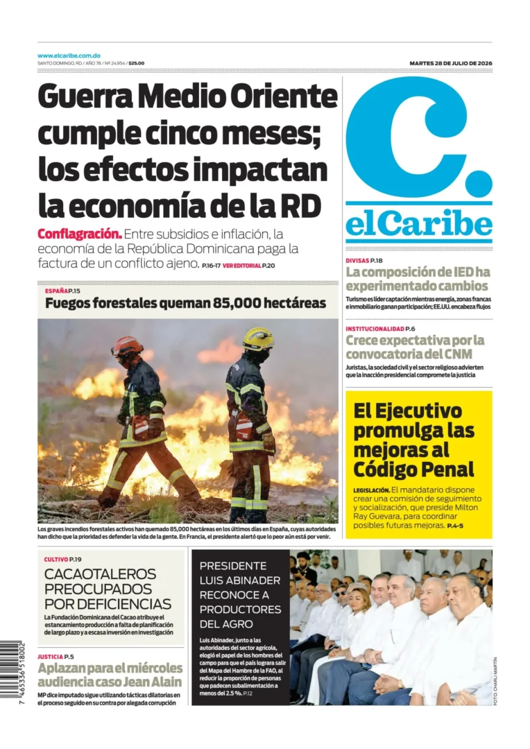 Portada Periódico El Caribe, Martes 28, Julio 2026