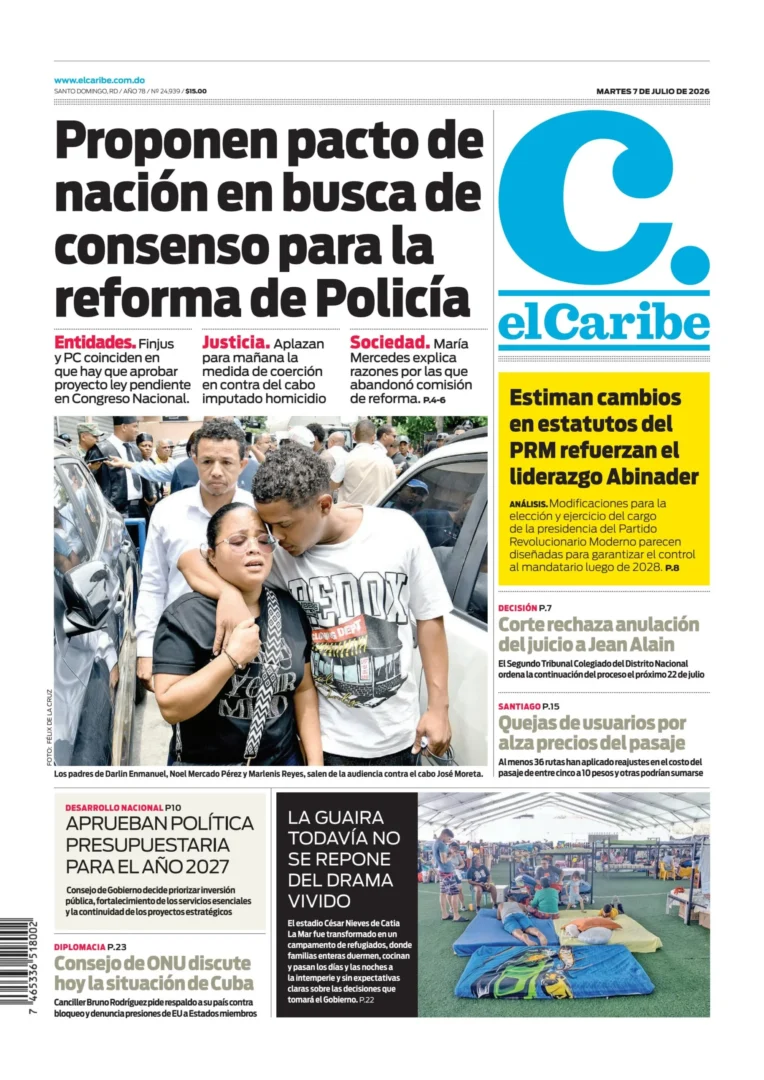Portada Periódico El Caribe, Martes 7, Julio 2026