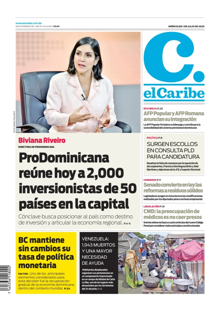 Portada Periódico El Caribe, Miércoles 1, Julio 2026